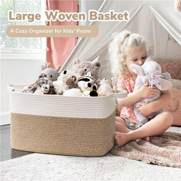 Large Woven Storage Basket Cotton Rope Blanket Toy Organizer Bin for Bedroom - Picture 3 of 8